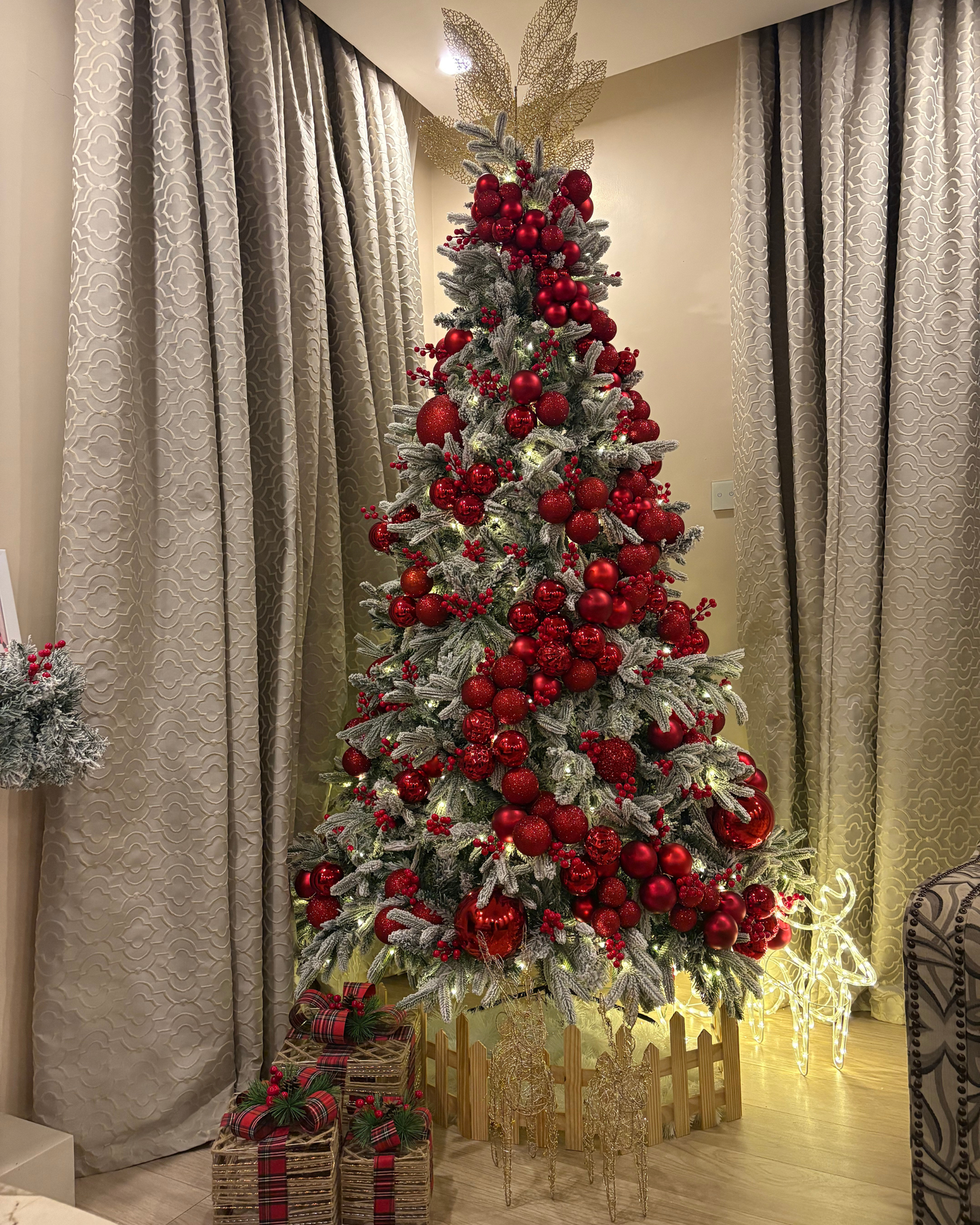 8 ft Snow-Flocked Red Luxe Christmas Tree