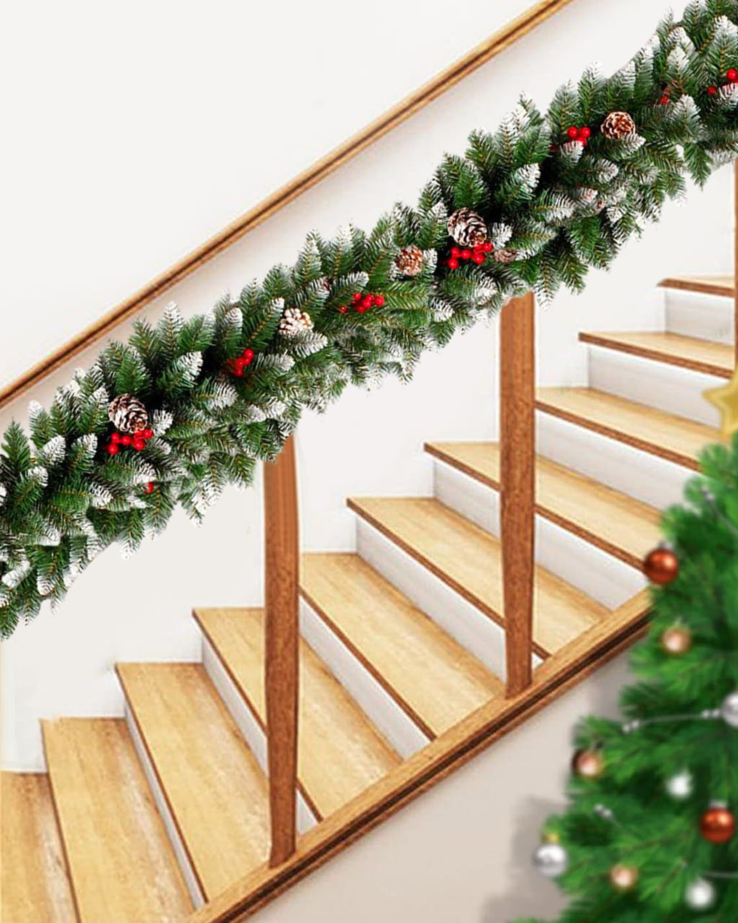 2.7 Snow-Kissed Christmas Garland with Pinecones & Red Berries