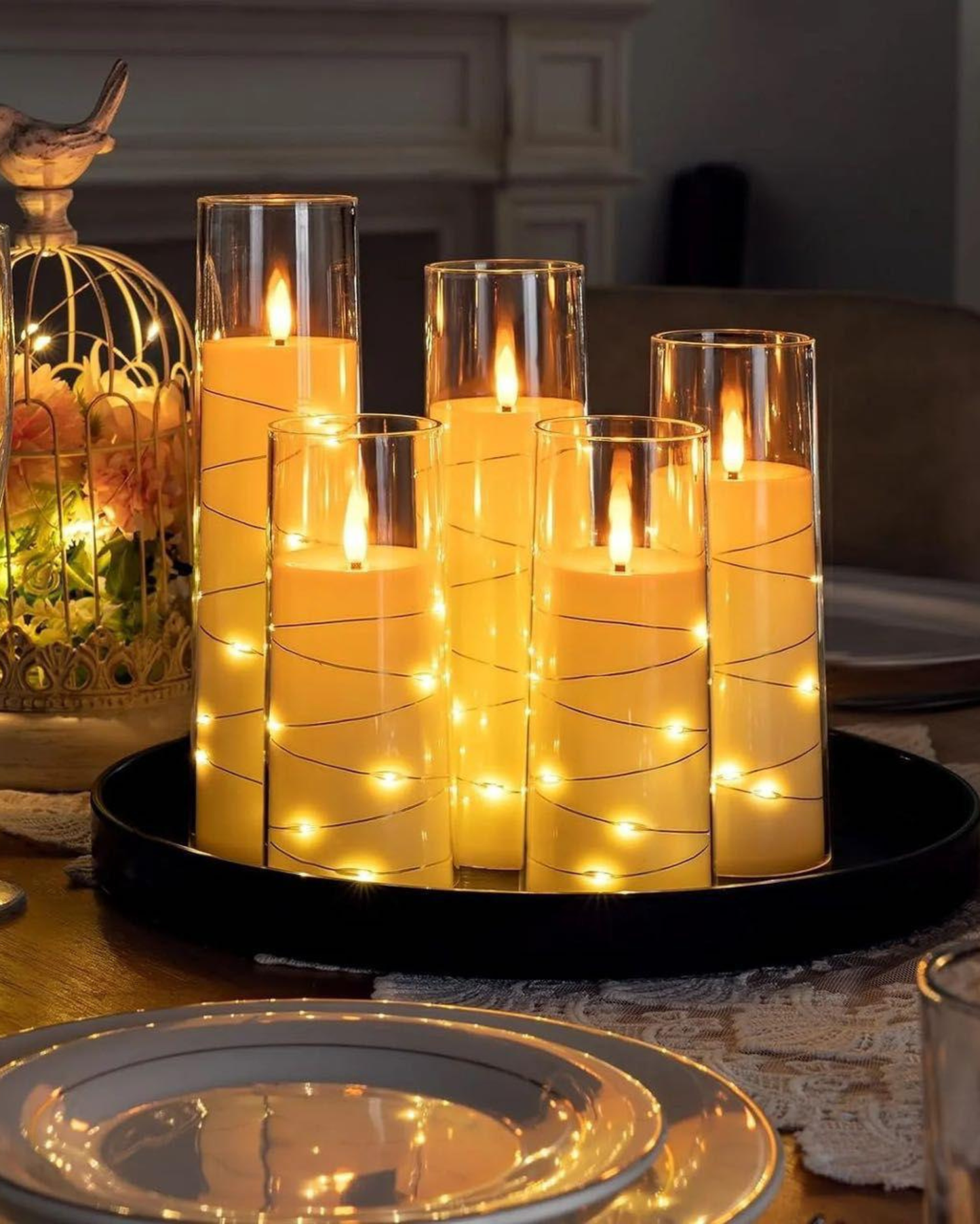 Luxury LED Flameless Candle Set in Glass Cylinders – Warm Fairy Light Glow