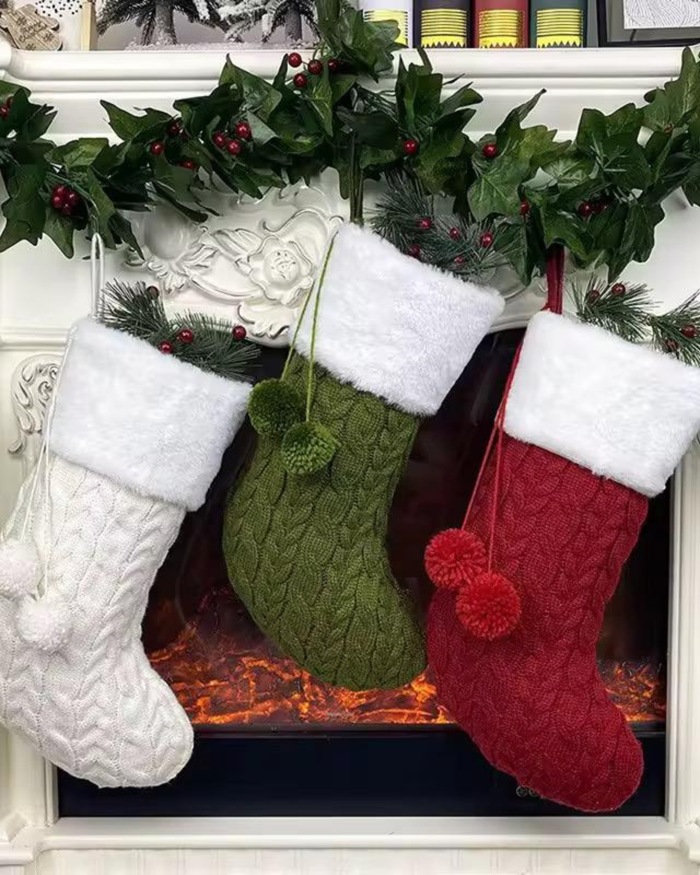Luxury Knitted Christmas Stockings β Red, Green & White (Plush Cuff + Pom Poms)