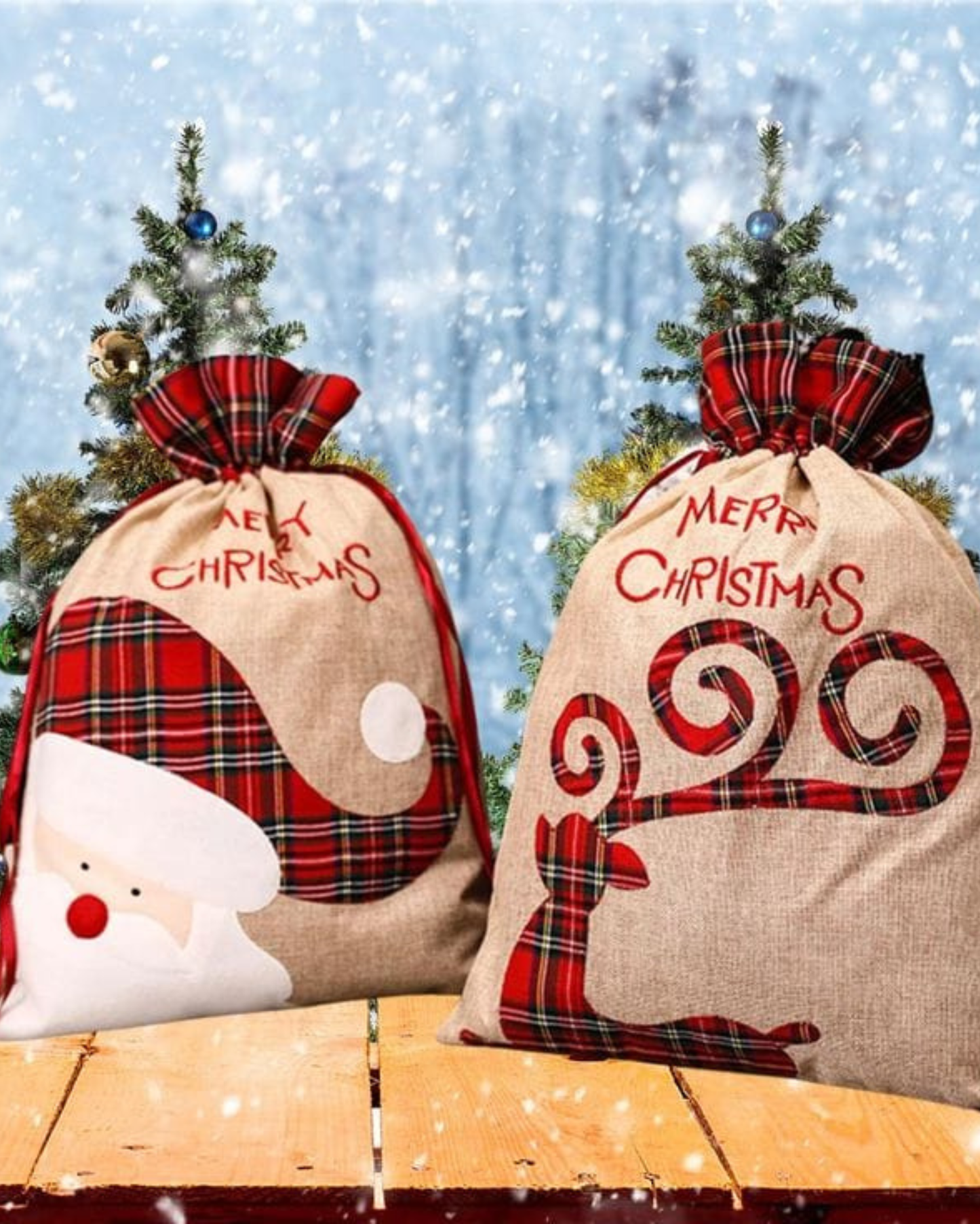 Large Plaid Christmas Gift Sack – Santa / Reindeer (Drawstring
