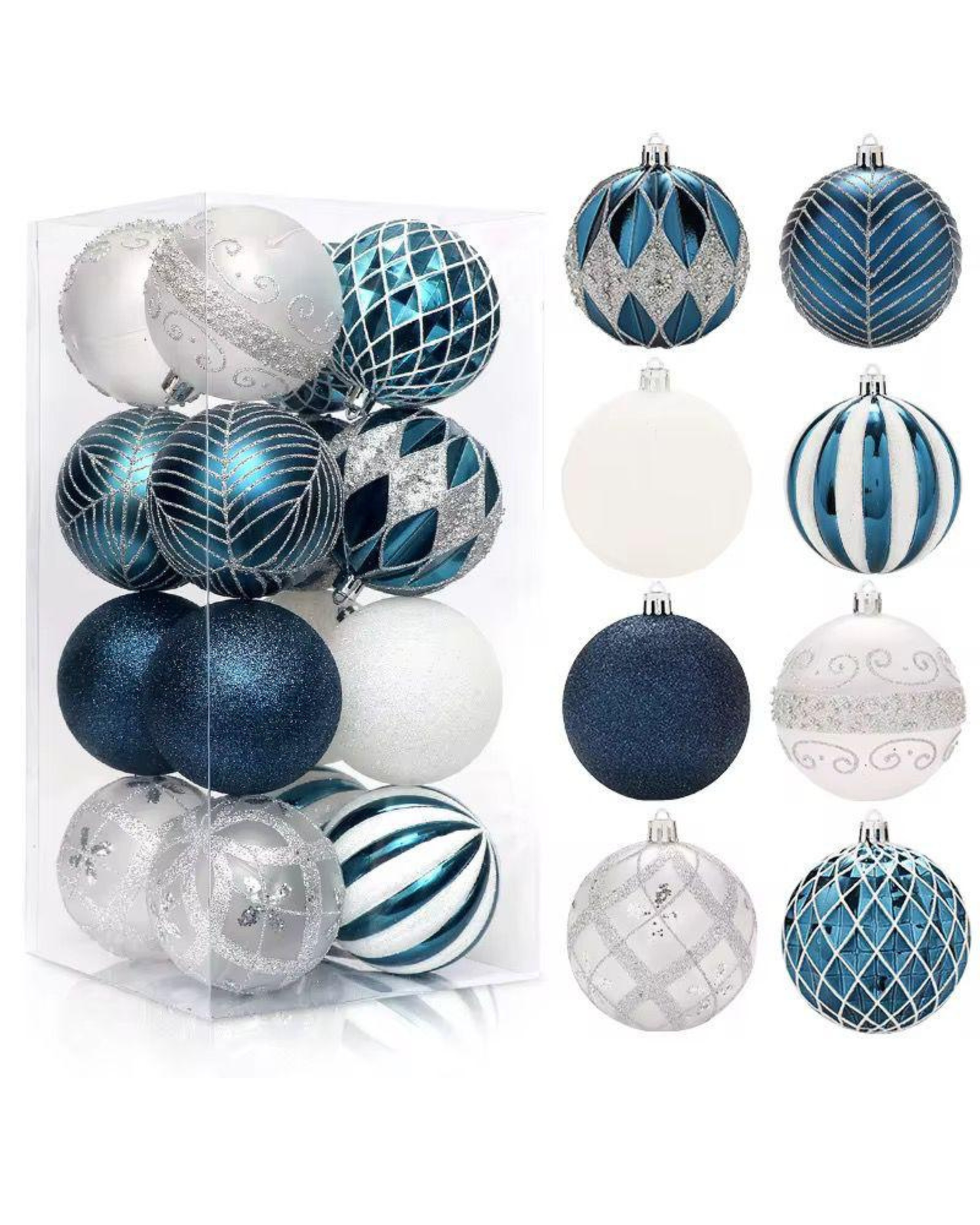 Luxury Blue & Silver Christmas Baubles – 16pcs Premium 8cm Shatterproof Ornaments