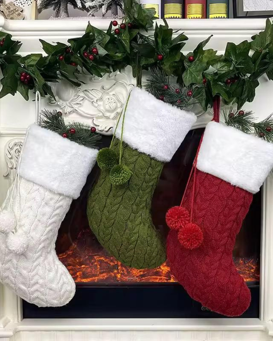 Luxury Knitted Christmas Stockings – Red, Green & White (Plush Cuff + Pom Poms)